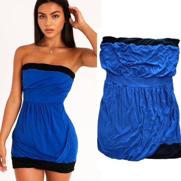 Y2K Guess Dark Blue Black Trim Strapless Blouson Mini Tube Dress Large - Picture 1 of 12